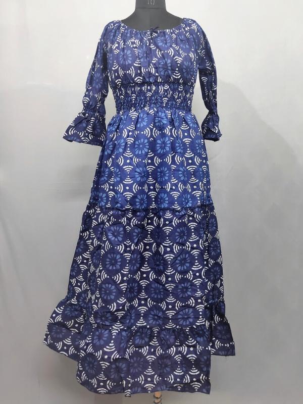 Blue Block Print Maxi Gown with waistband made of Cotton fabric